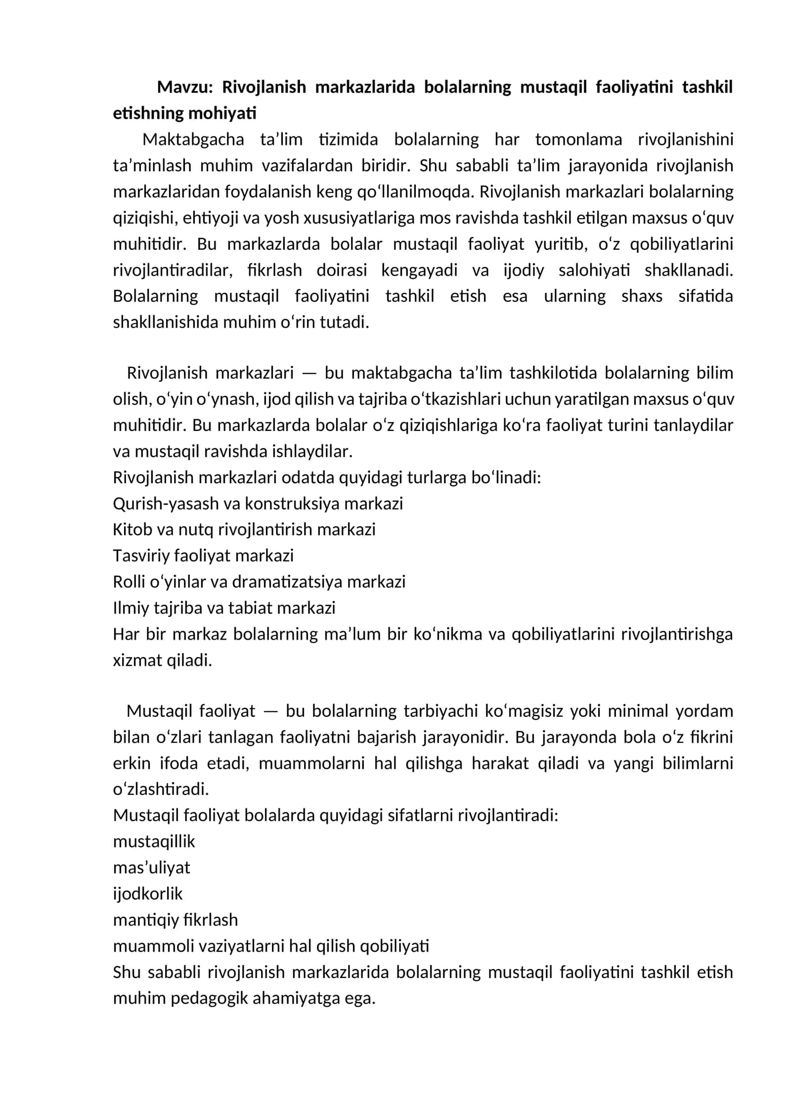 Rivojlanish markazlari 1