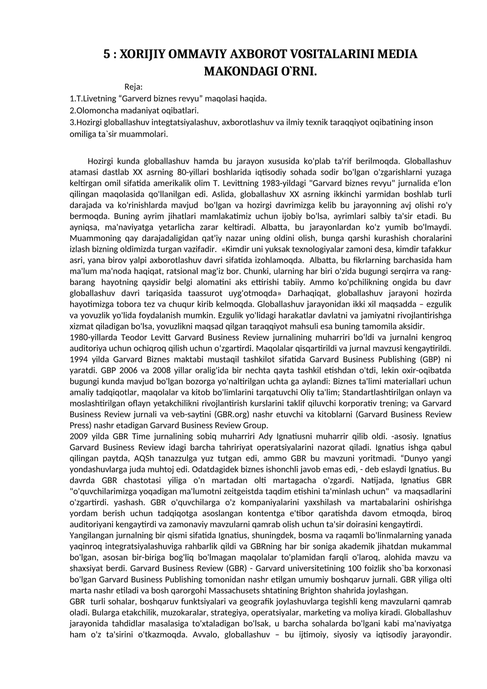 XORIJIY OMMAVIY AXBOROT VOSITALARINI MEDIA MAKONDAGI O`RNI 1