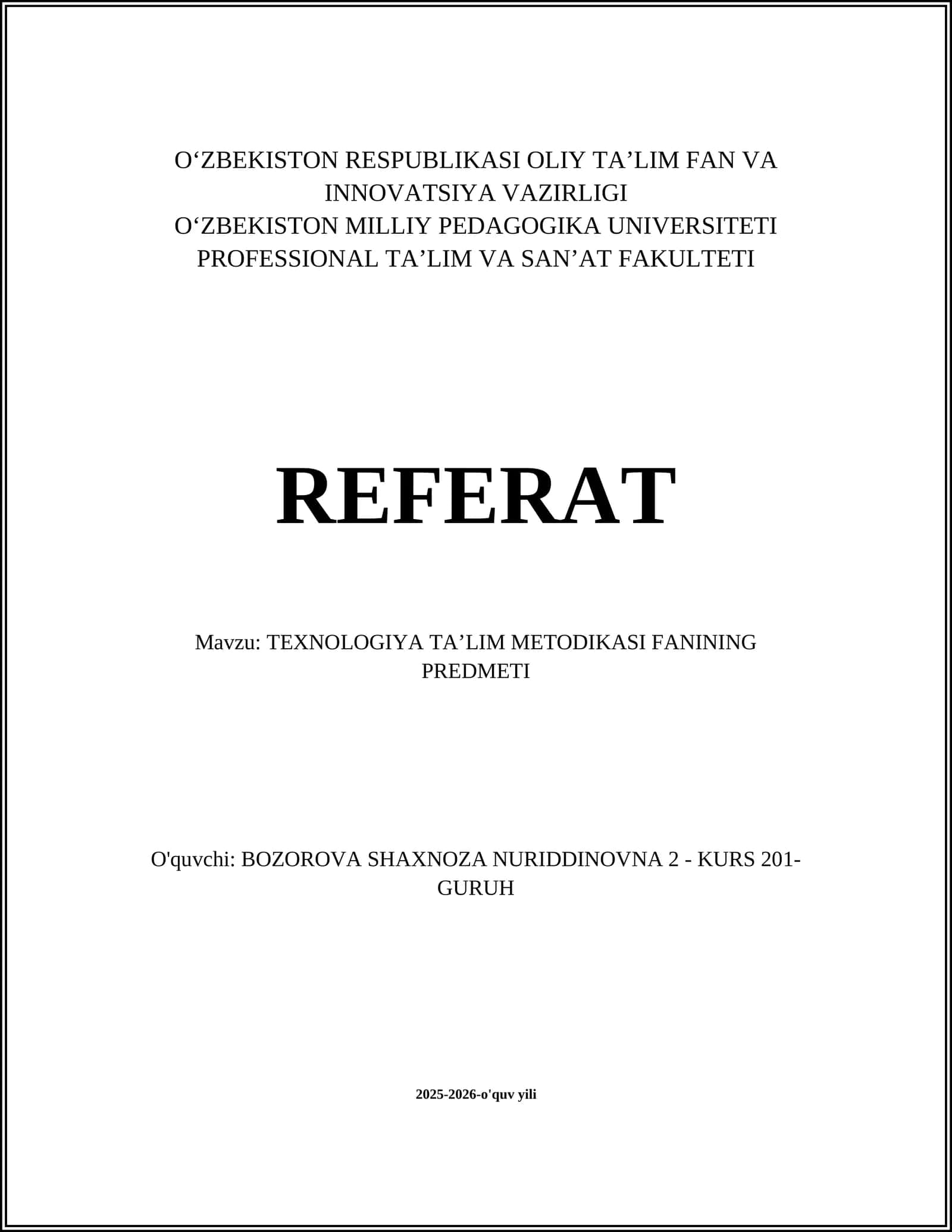 TEXNOLOGIYA TAʼLIM METODIKASI FANINING PREDMETI 1