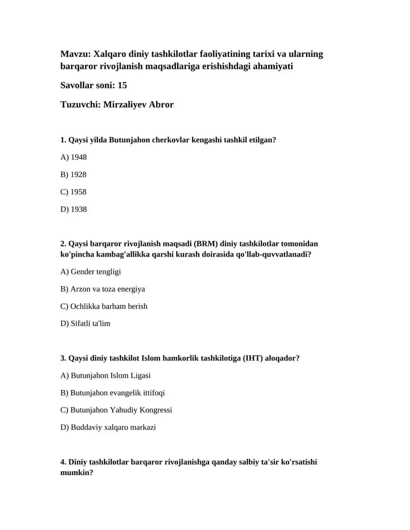 Xalqaro diniy tashkilotlar faoliyatining tarixi va ularning barqaror rivojlanish maqsadlariga erishishdagi ahamiyati 1