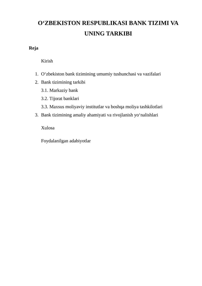 OʻZBEKISTON RESPUBLIKASI BANK TIZIMI VA UNING TARKIBI 1