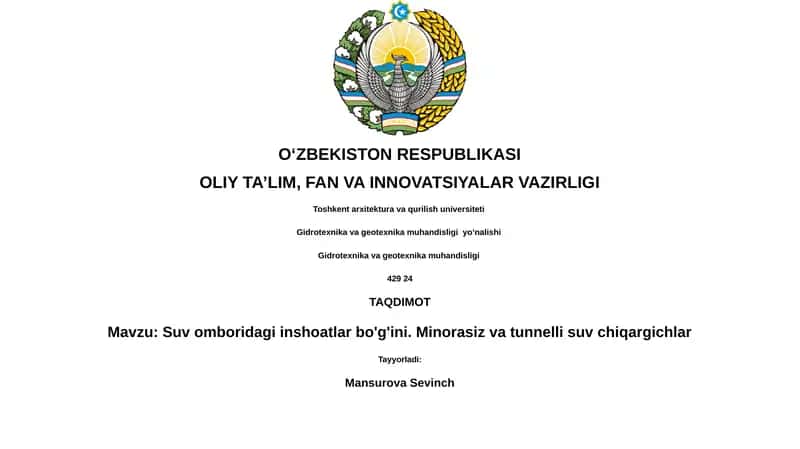 Minorasiz va Tunnel Suv Chiqarish Inshootlarining Tuzilishi va Asosiy Tushunchalari 1