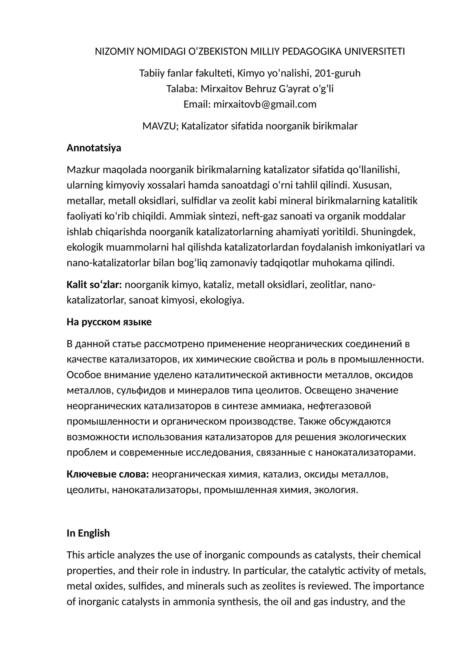 Katalizator sifatida noorganik birikmalar 1