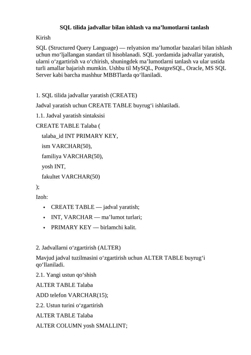 SQL tilida jadvallar bilan ishlash va ma’lumotlarni tanlash 1