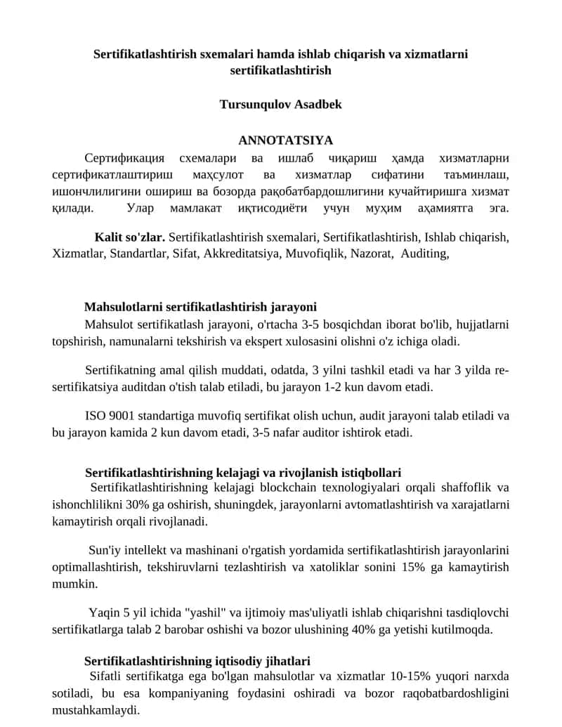 Mahsulotlarni sertifikatlashtirish jarayoni 1