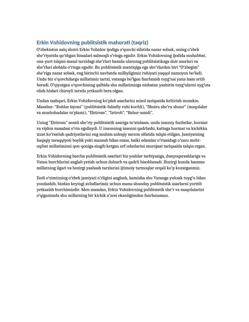 Erkin Vohidovning publitsistik mahorati (taqriz) 1