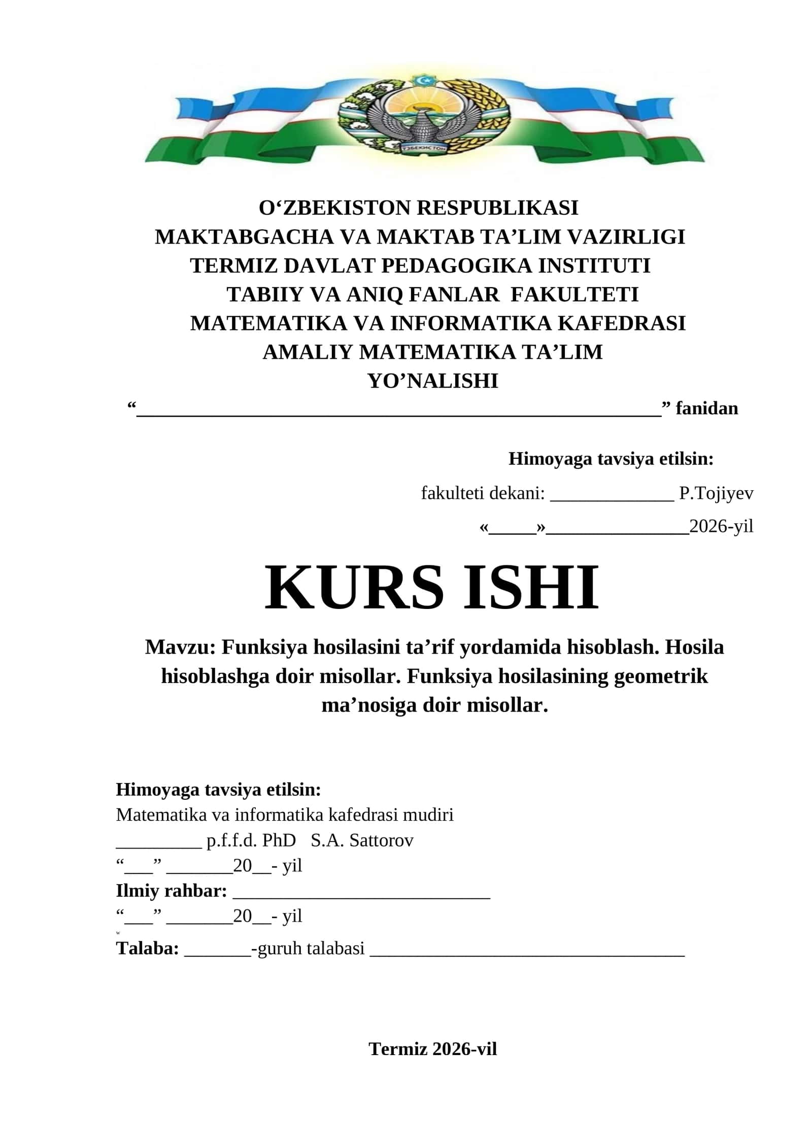 Funksiya hosilasini ta’rif yordamida hisoblash. Hosila hisoblashga doir misollar. Funksiya hosilasining geometrik ma’nosiga doir misollar. 1