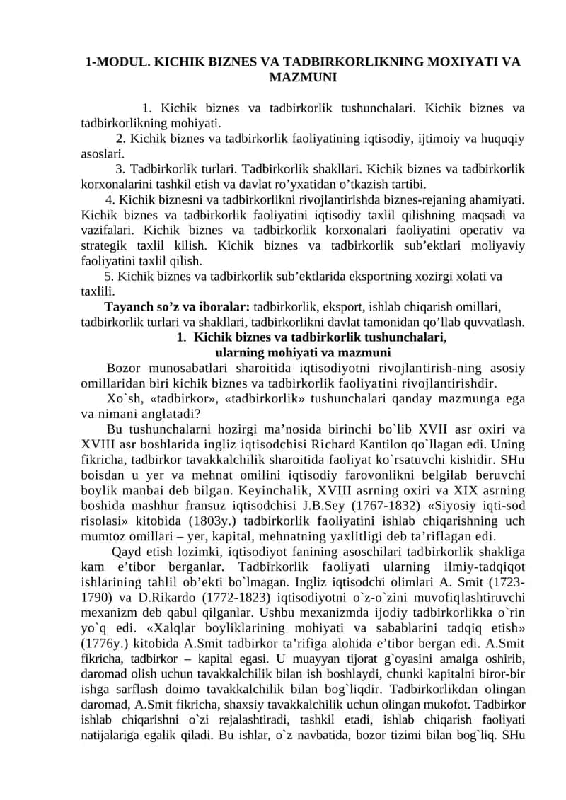 Kichik biznes va tadbirkorlikning moxiyati va mazmuni 1