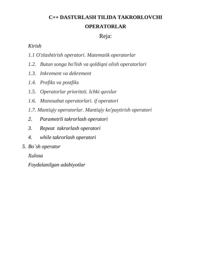 C++ DASTURLASH TILIDA TAKRORLOVCHI OPERATORLAR 1