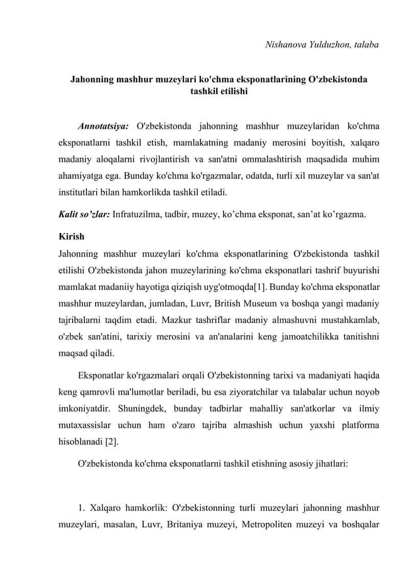 Jahonning mashhur muzeylari ko'chma eksponatlarining O'zbekistonda tashkil etilishi 1