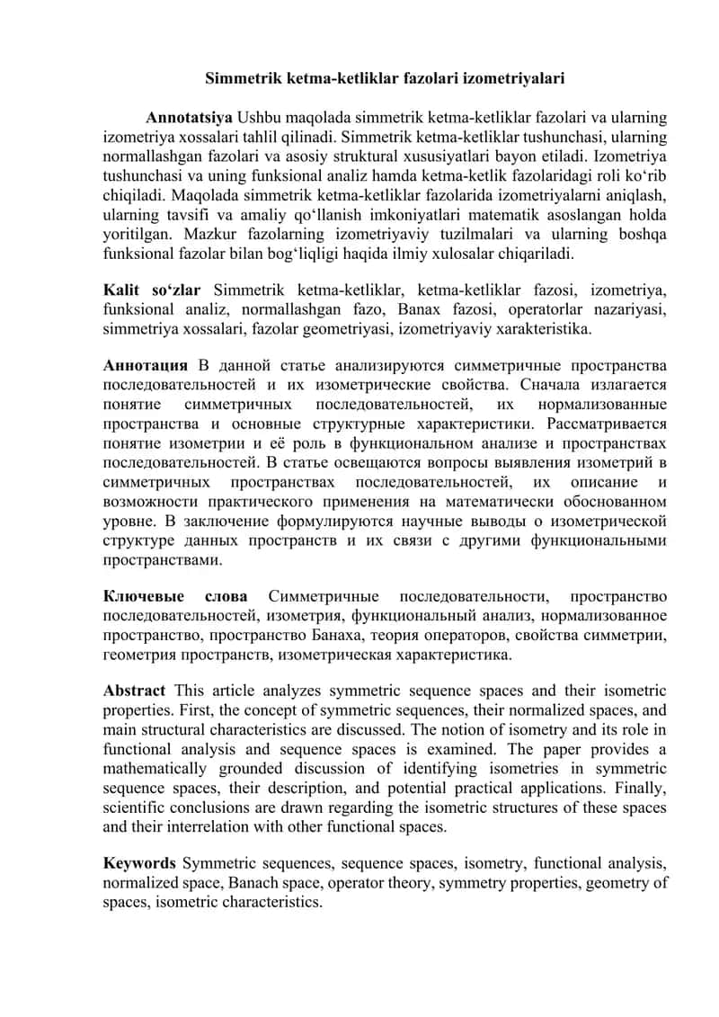 Simmetrik ketma-ketliklar fazolari izometriyalari 1
