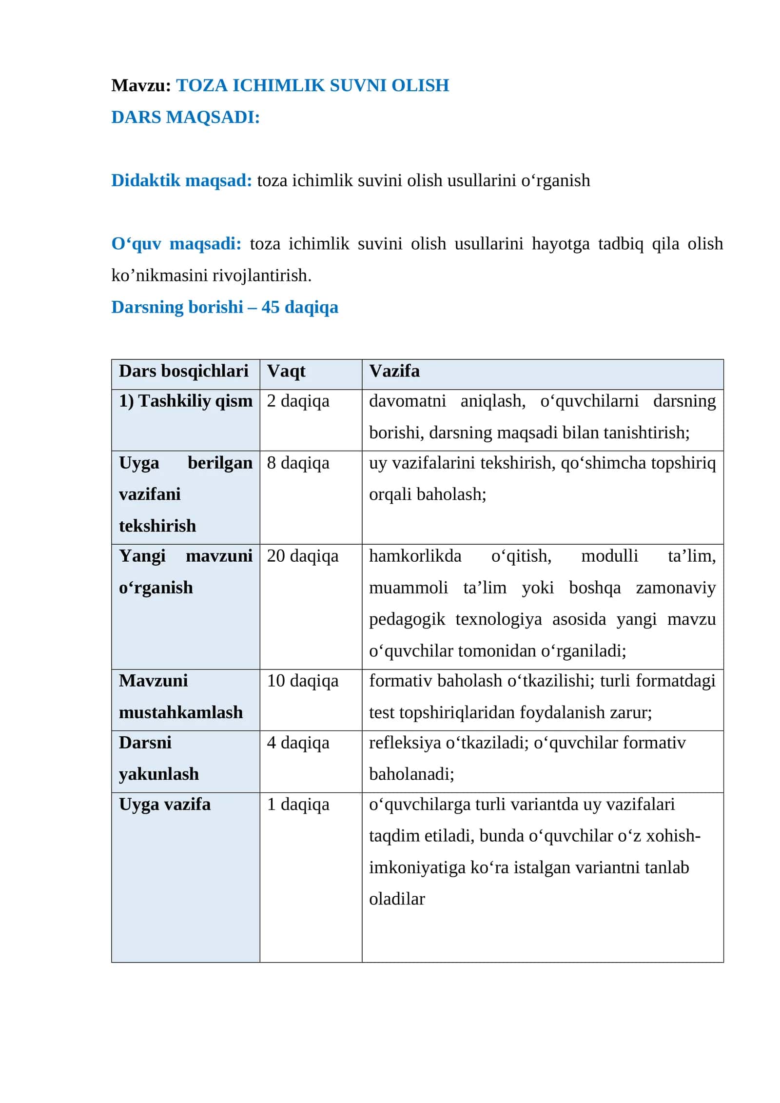 Biologiya fanidan Toza ichimlik suvni olish mavzusida ochiq dars ishlanma 1