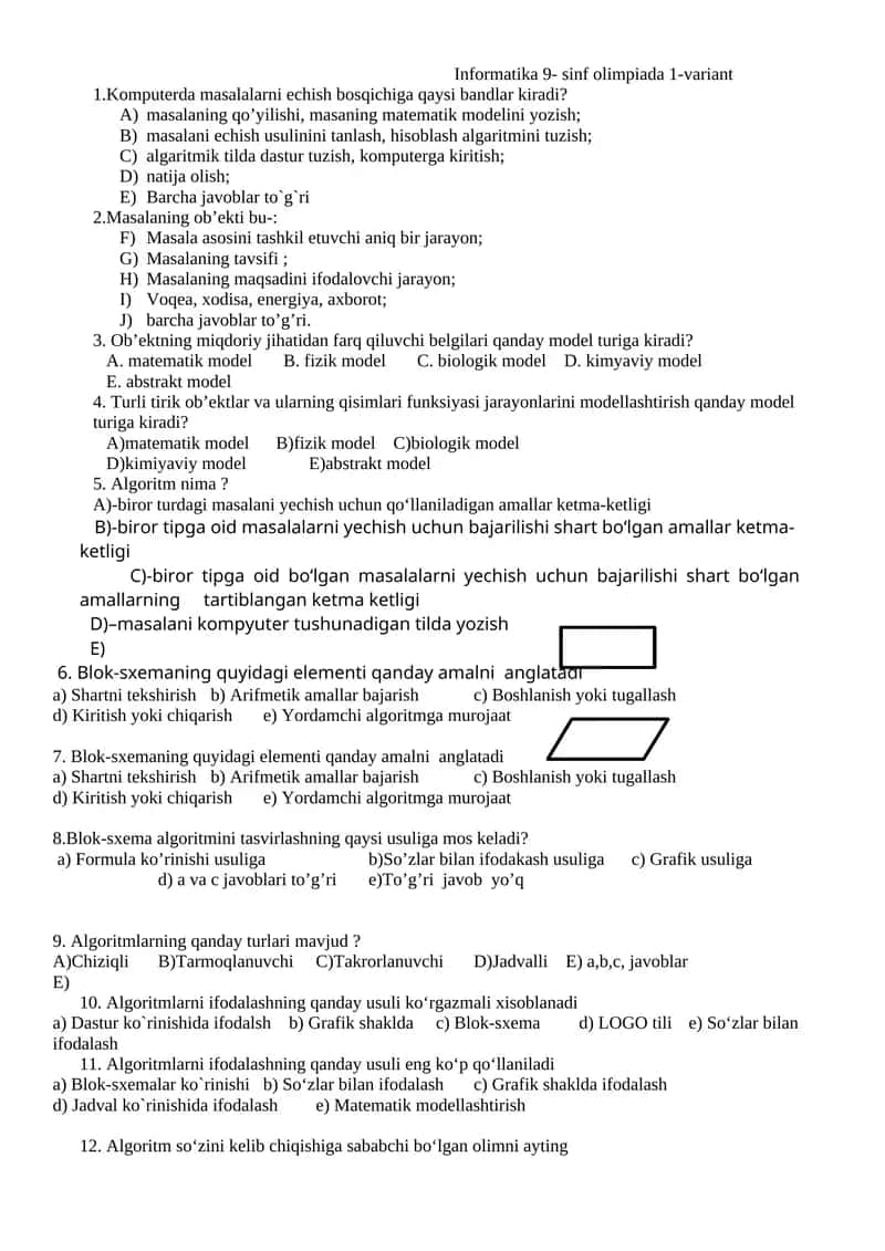 Informatika 9- sinf olimpiada 1-variant 1