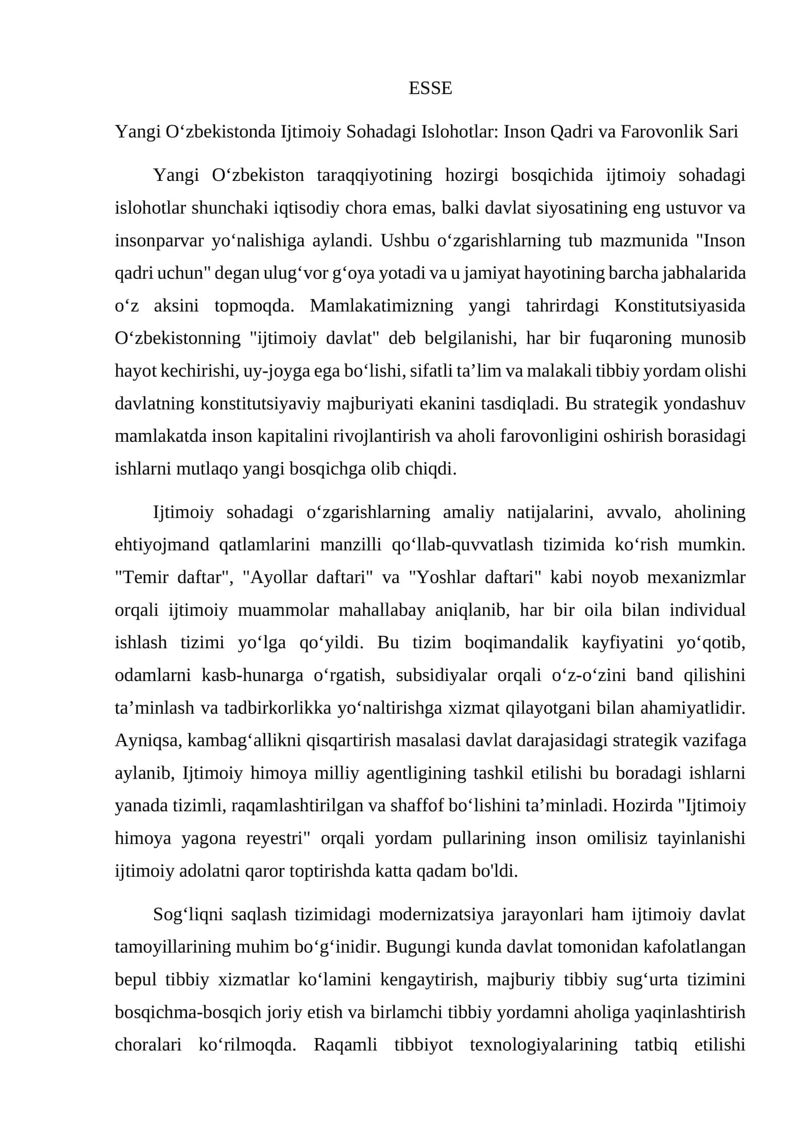 Yangi O‘zbekistonda Ijtimoiy Sohadagi Islohotlar esse 1