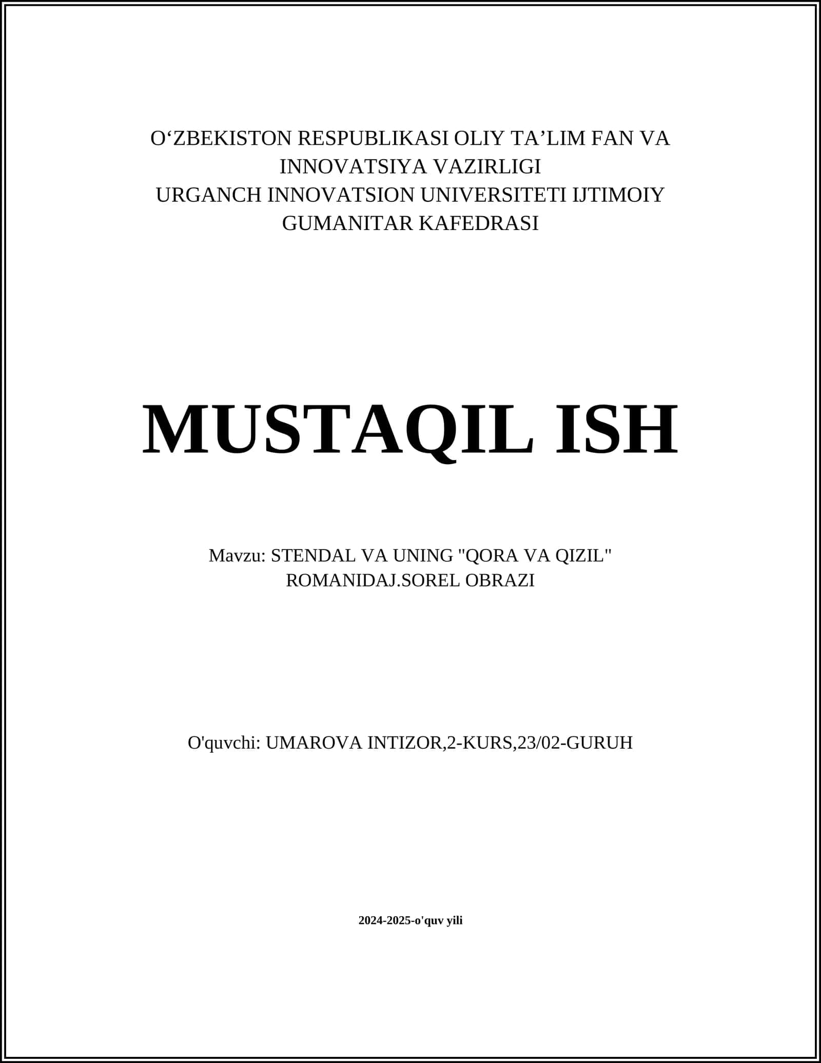 STENDAL VA UNING "QORA VA QIZIL" ROMANIDAJ.SOREL OBRAZI 1