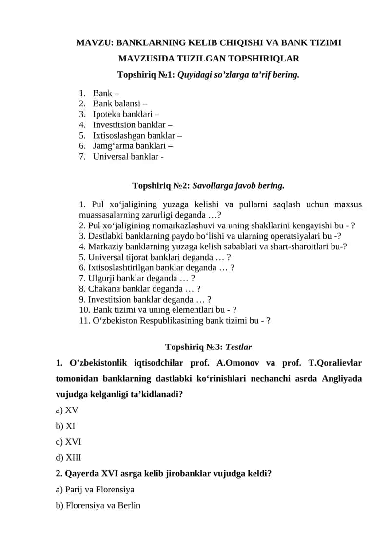 BANKLARNING KELIB CHIQISHI VA BANK TIZIMI MAVZUSIDA TUZILGAN TOPSHIRIQLAR 1