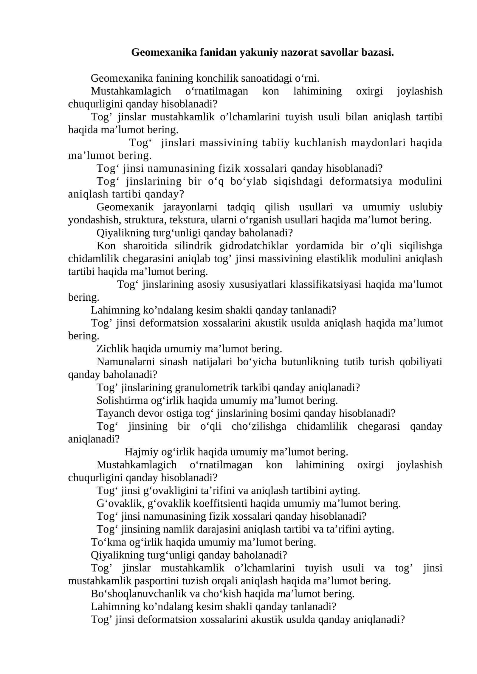 Geomexanika fanidan yakuniy nazorat savollar bazasi 1