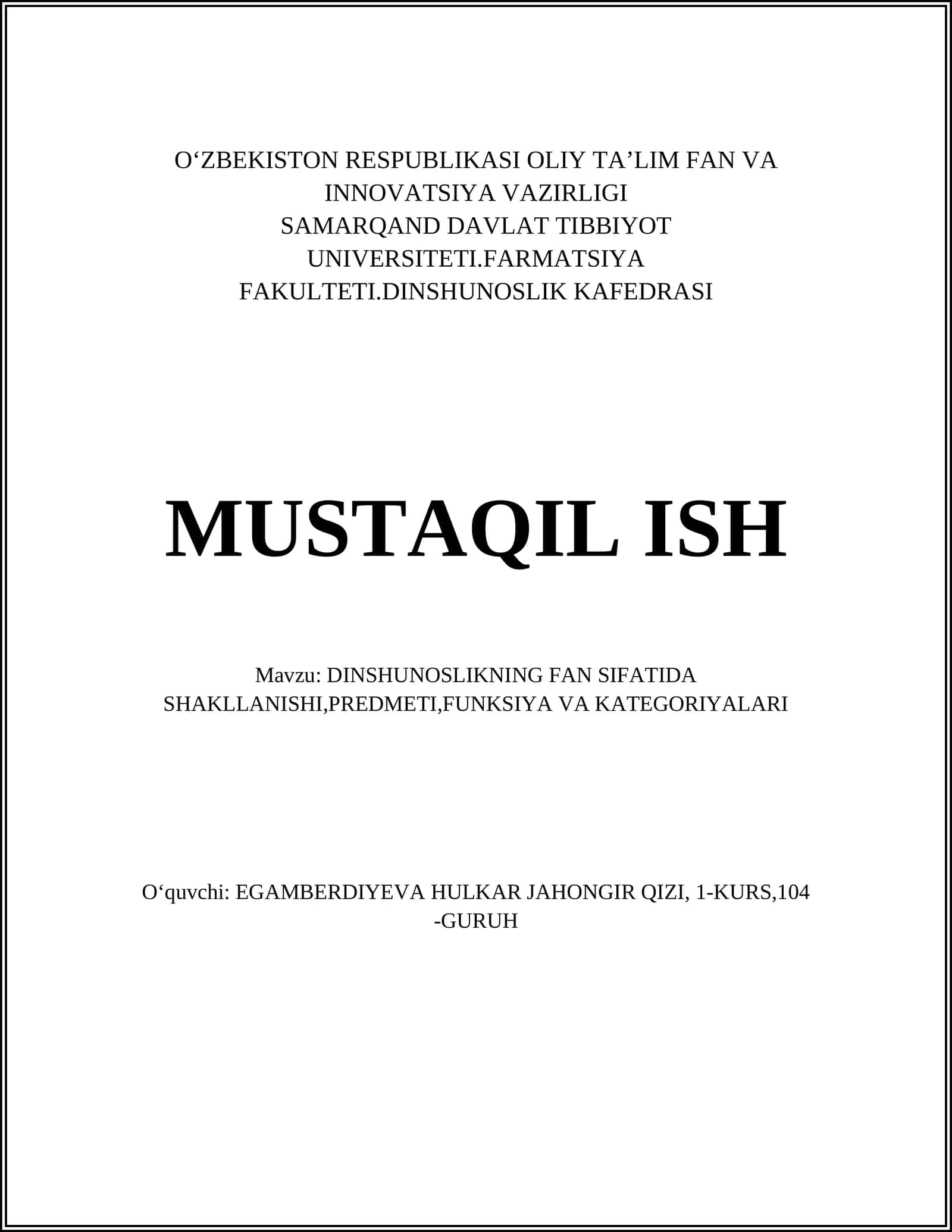 DINSHUNOSLIKNING FAN SIFATIDA SHAKLLANISHI,PREDMETI,FUNKSIYA VA KATEGORIYALARI 1