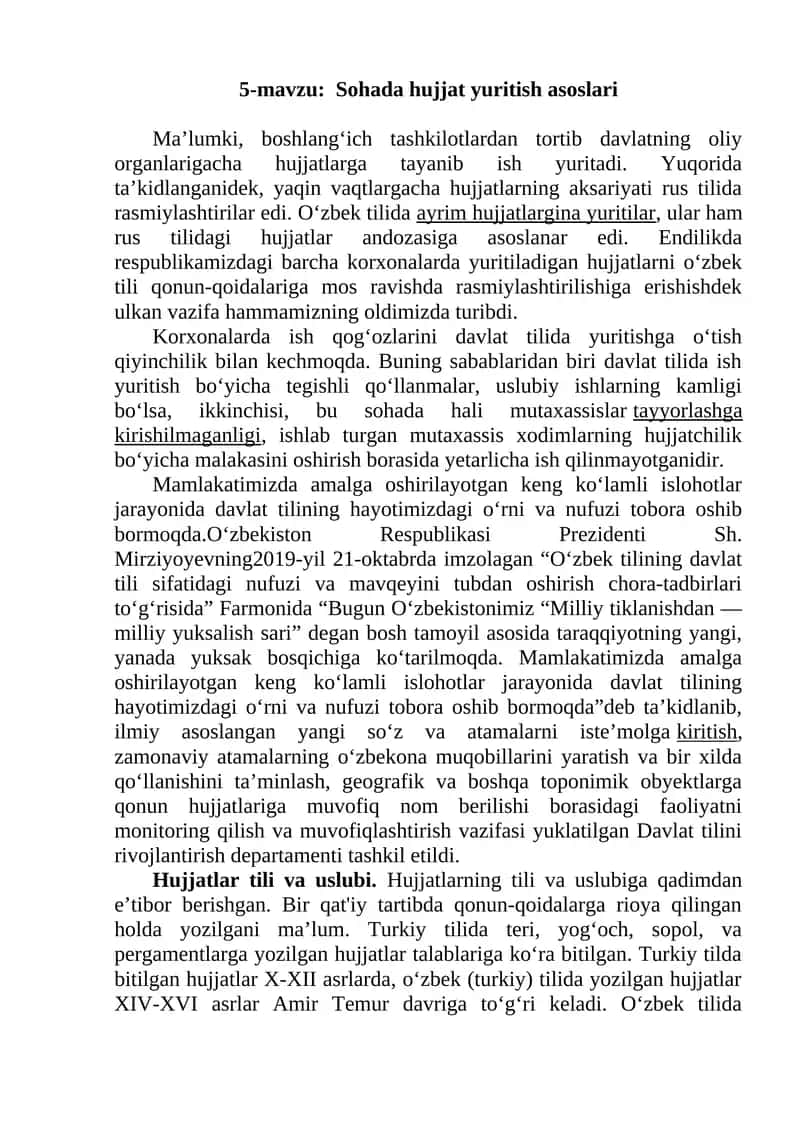 5-Mavzu: Sohada Hujjat Yuritish Asoslari 1