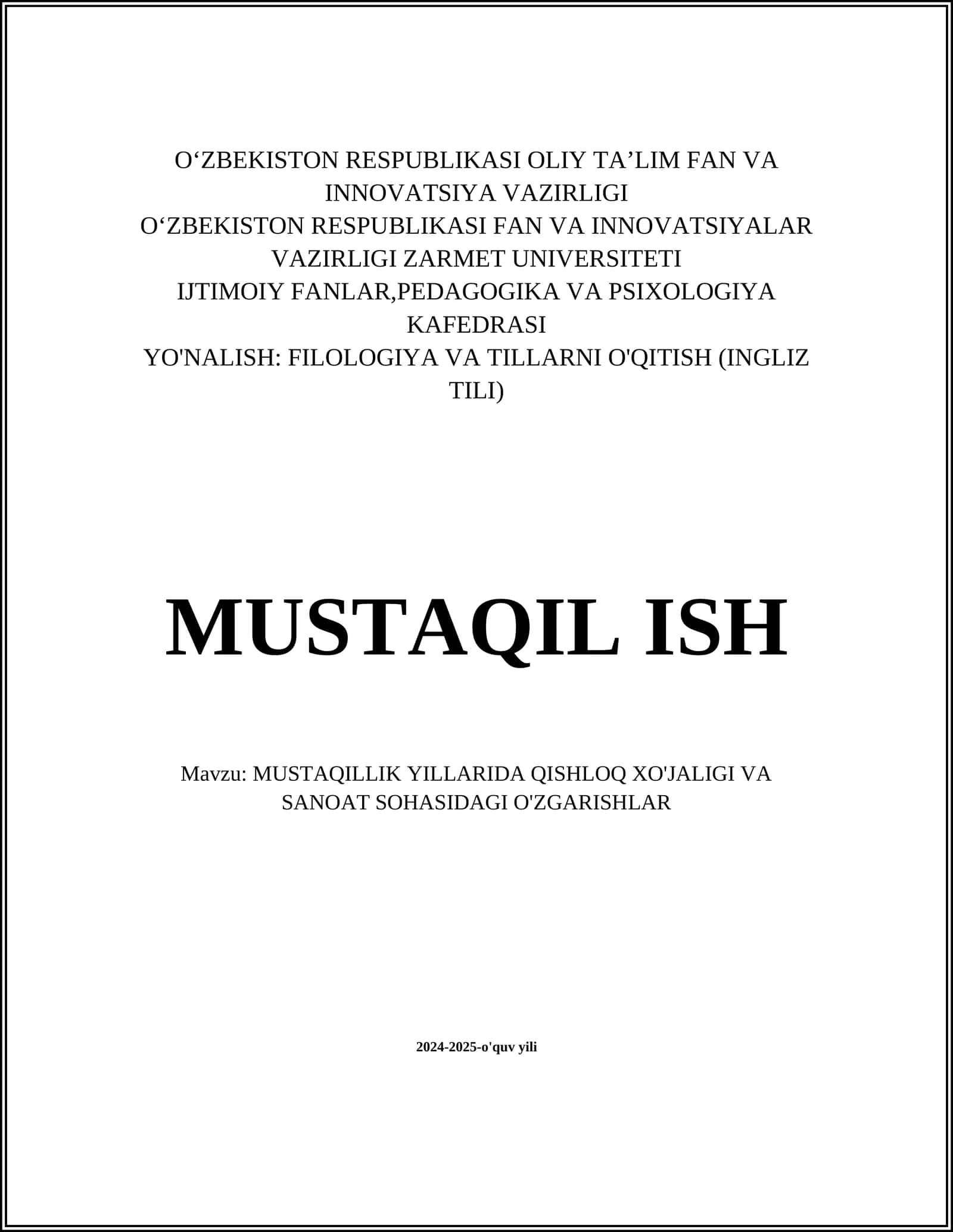 MUSTAQILLIK YILLARIDA QISHLOQ XO'JALIGI VA SANOAT SOHASIDAGI O'ZGARISHLAR 1