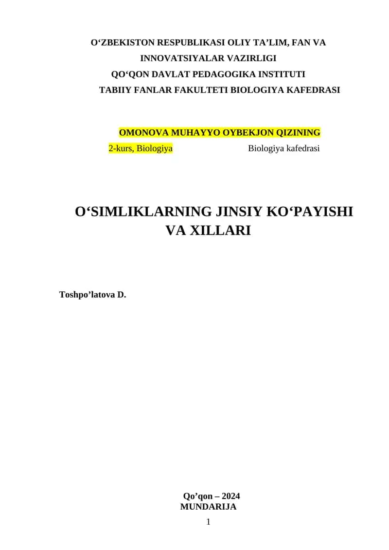 O‘simliklarning jinsiy ko‘payishi va xillari 1