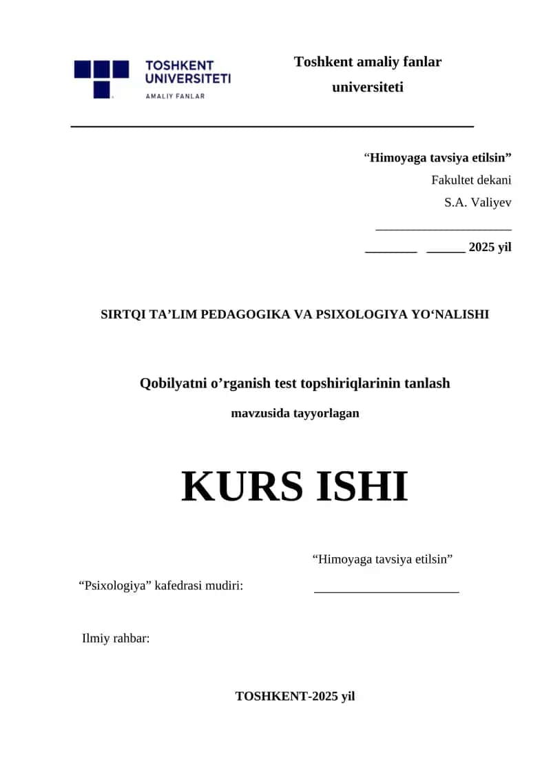 KURS ISHI "Himoyaga tavsiya etilsin" 1