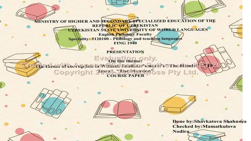 Presentation on the theme of corruption in William Faulkner's novels "The Hamlet", "The Town", "The Mansion" 1