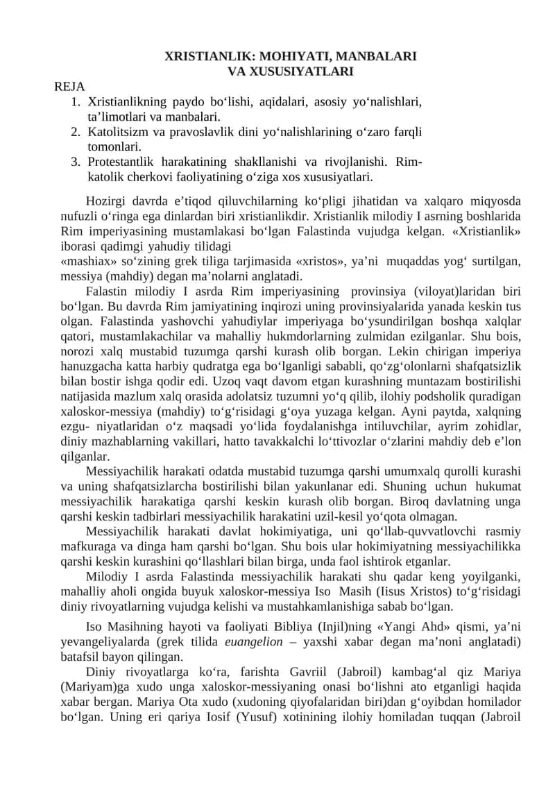 XRISTIANLIK: MOHIYATI, MANBALARI VA XUSUSIYATLARI 1