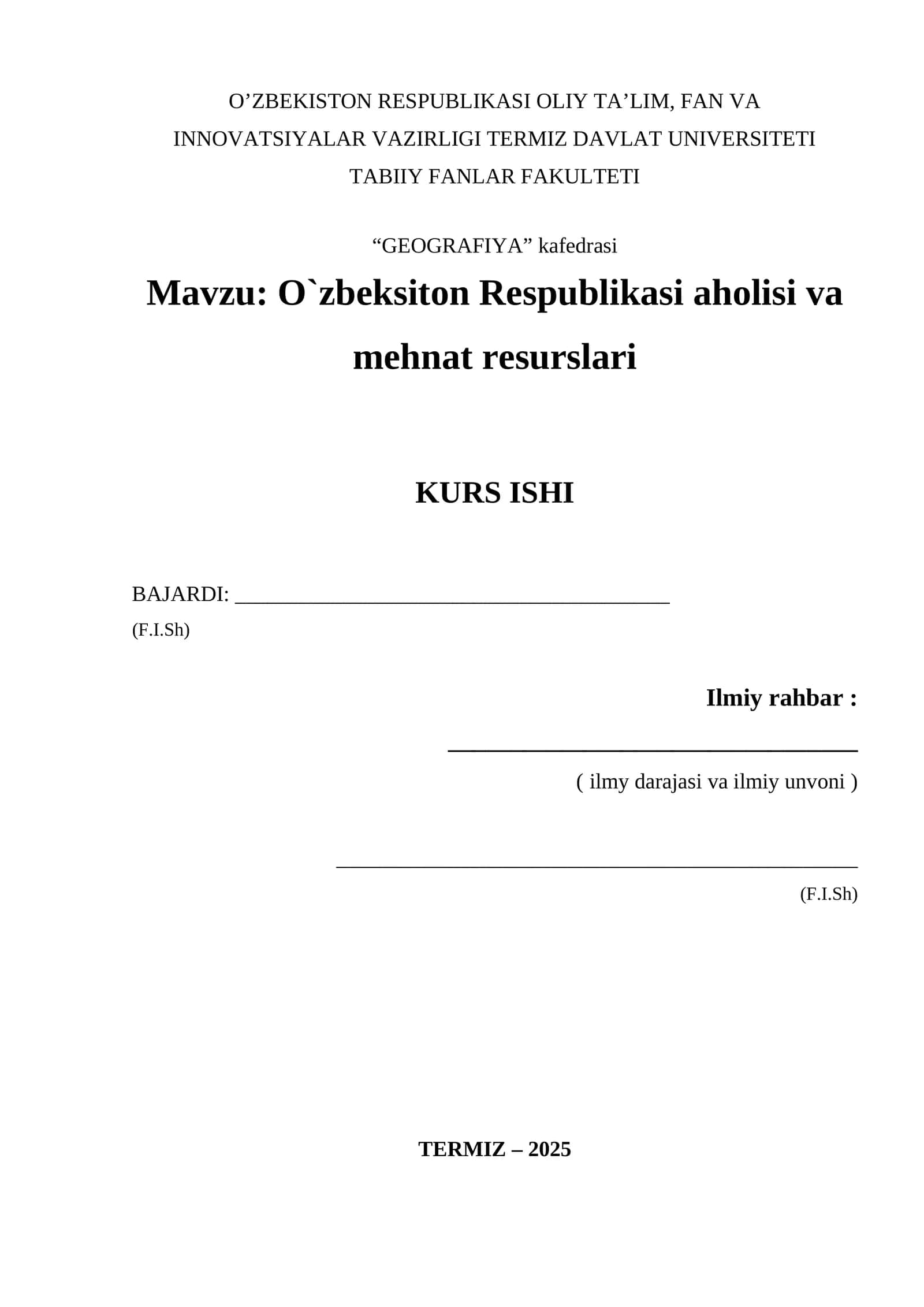 O`zbeksiton Respublikasi aholisi va mehnat resurslari 1