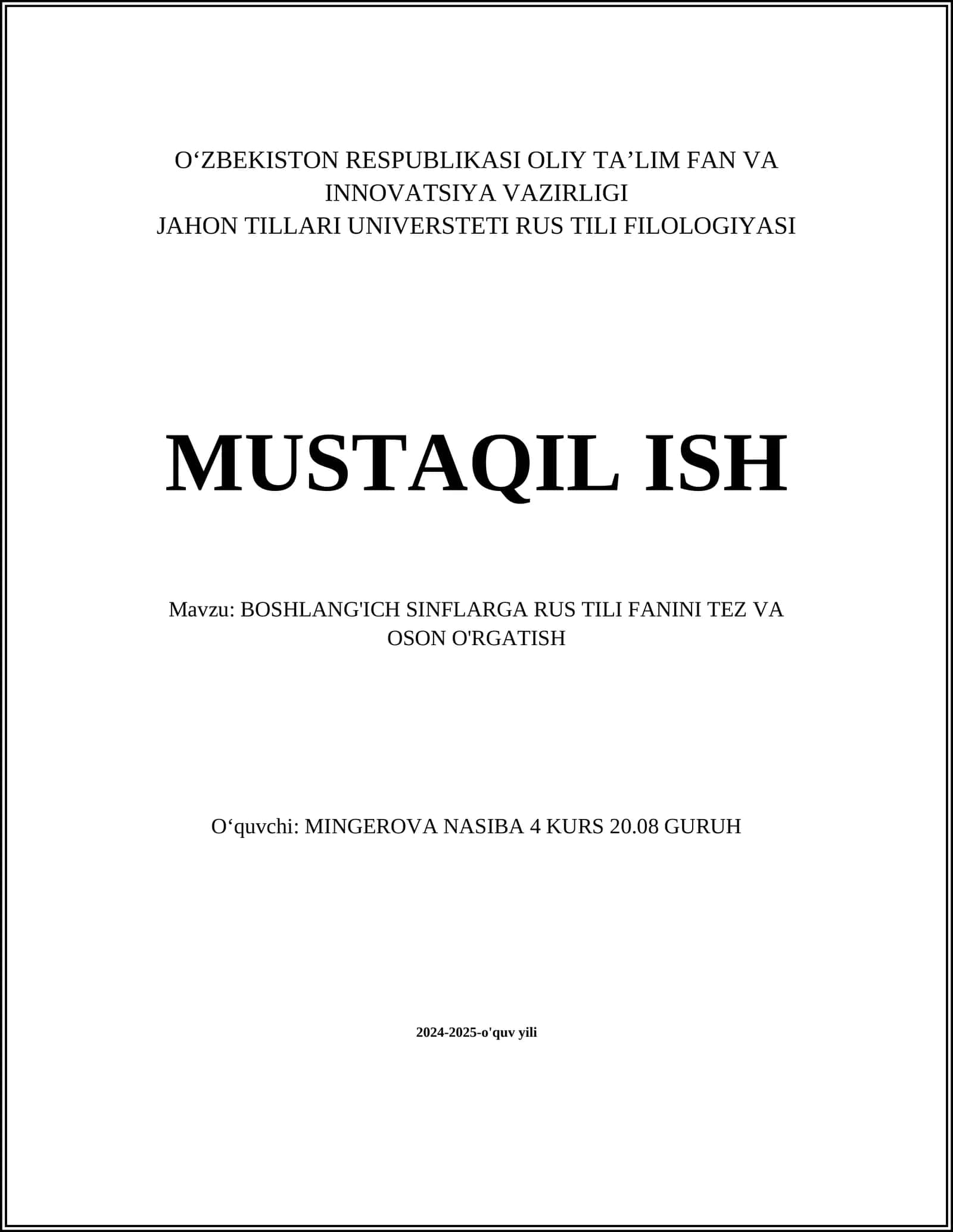 BOSHLANG'ICH SINFLARGA RUS TILI FANINI TEZ VA OSON O'RGATISH 1