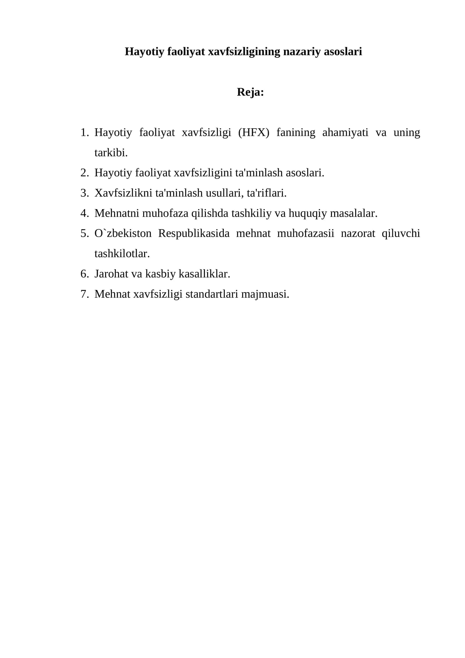 Hayotiy faoliyat xavfsizligining nazariy asoslari 1