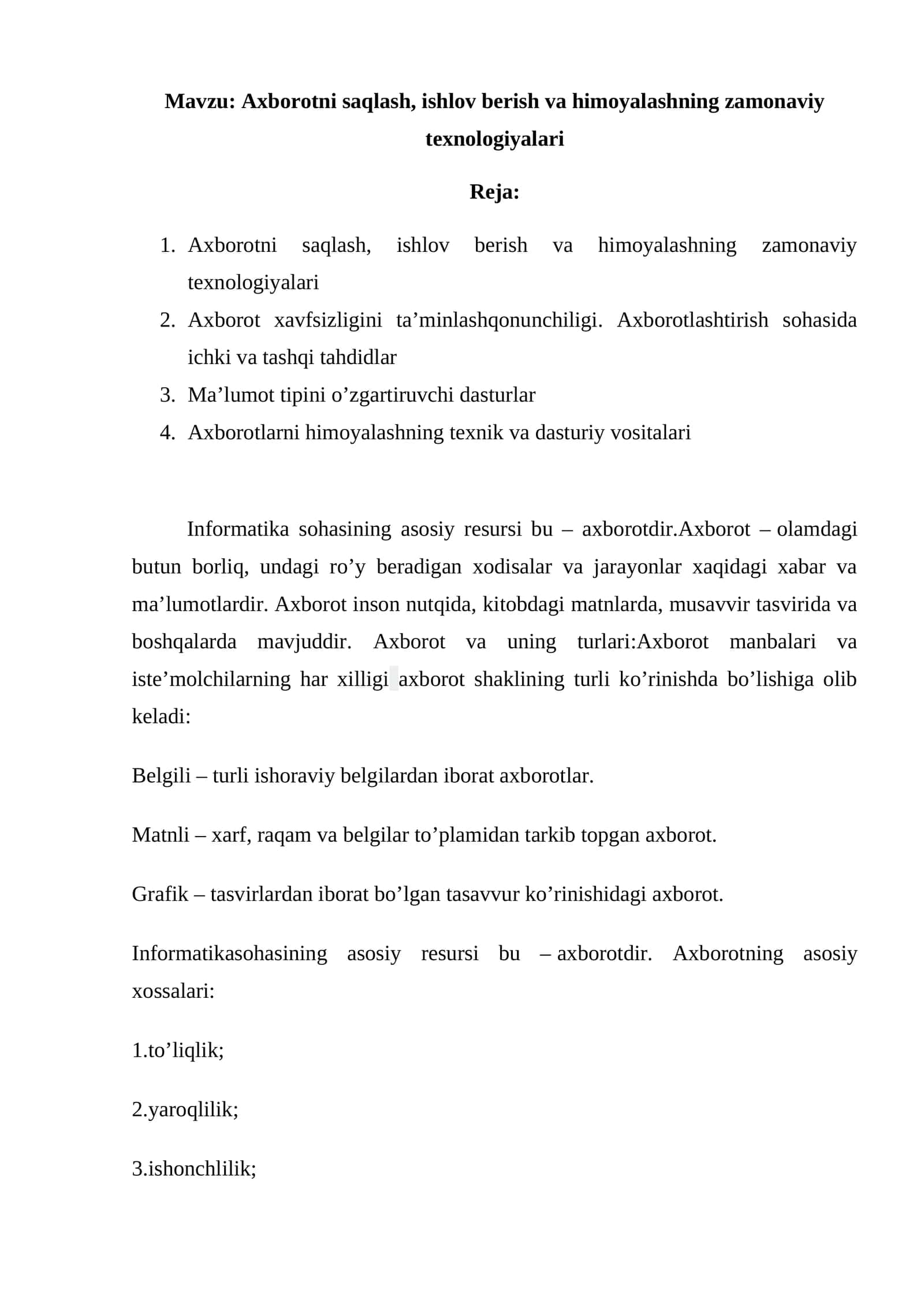 Axborotni saqlash, ishlov berish va himoyalashning zamonaviy texnologiyalari 1