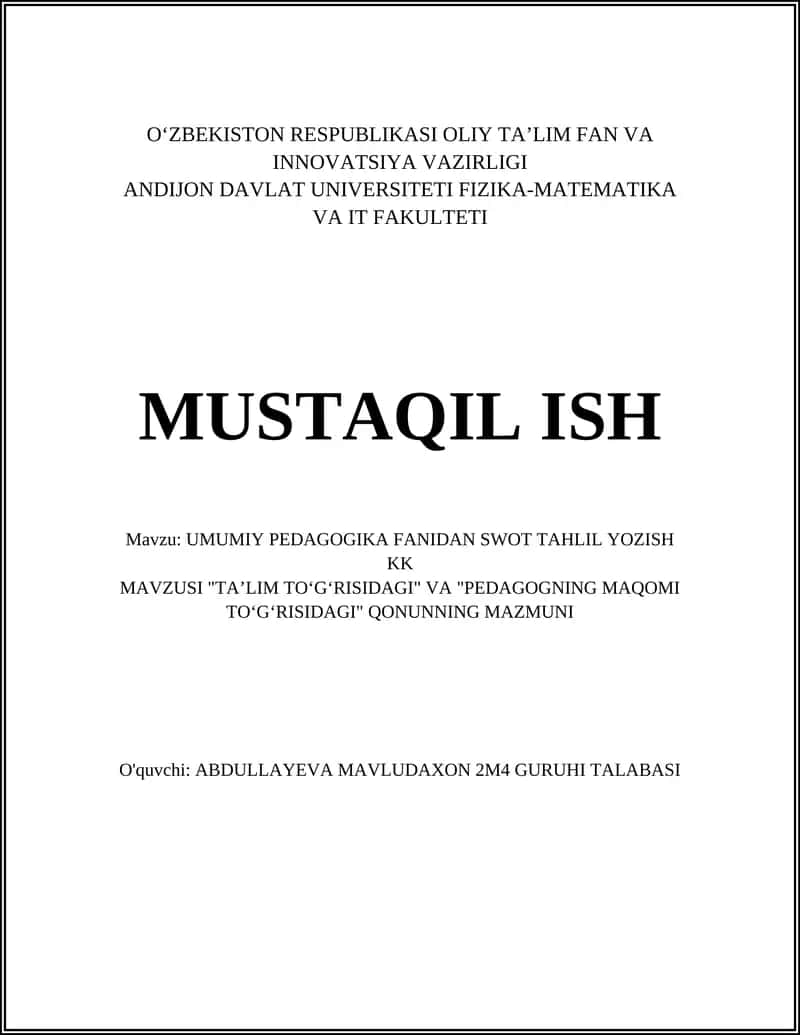 UMUMIY PEDAGOGIKA FANIDAN SWOT TAHLIL YOZISH 1