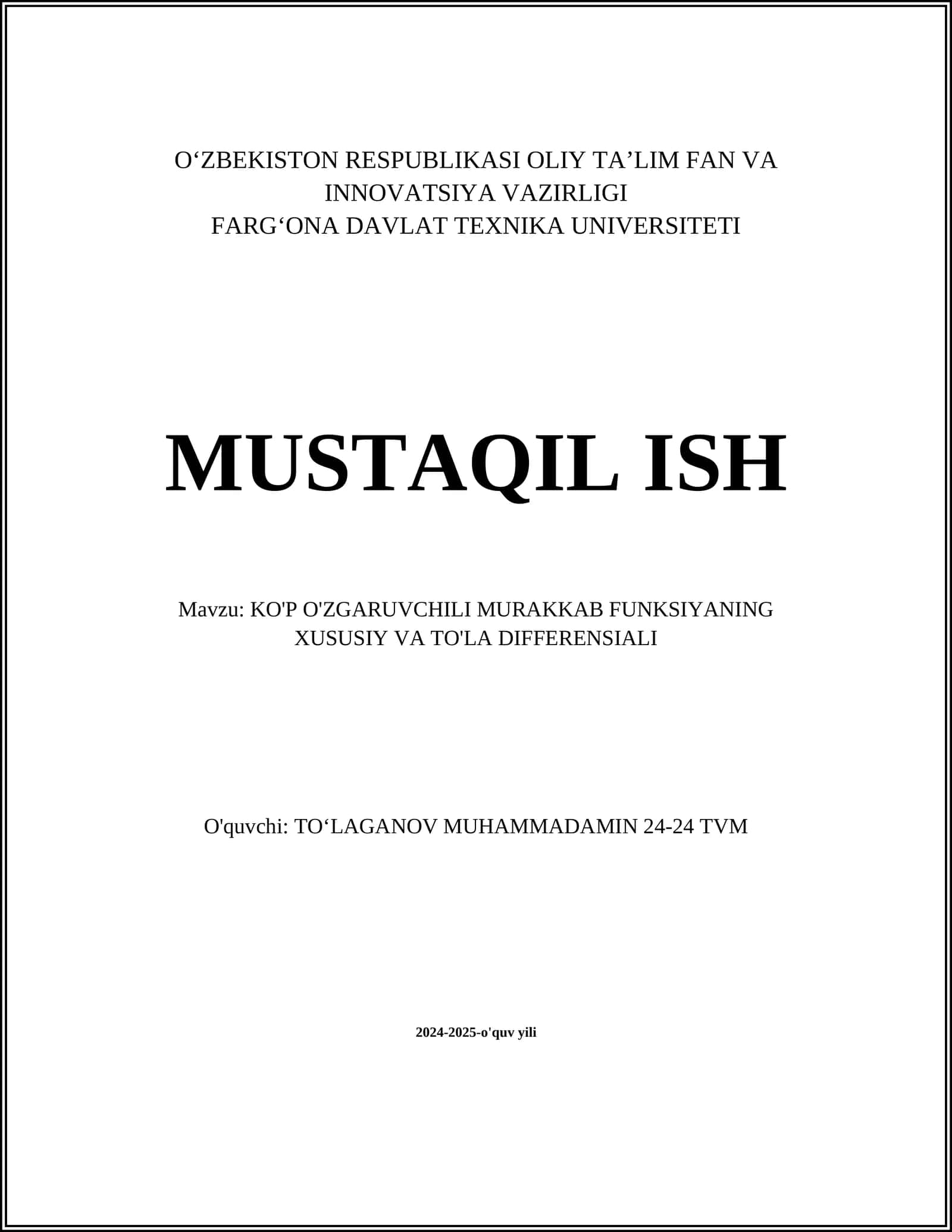 KO'P O'ZGARUVCHILI MURAKKAB FUNKSIYANING XUSUSIY VA TO'LA DIFFERENSIALI 1
