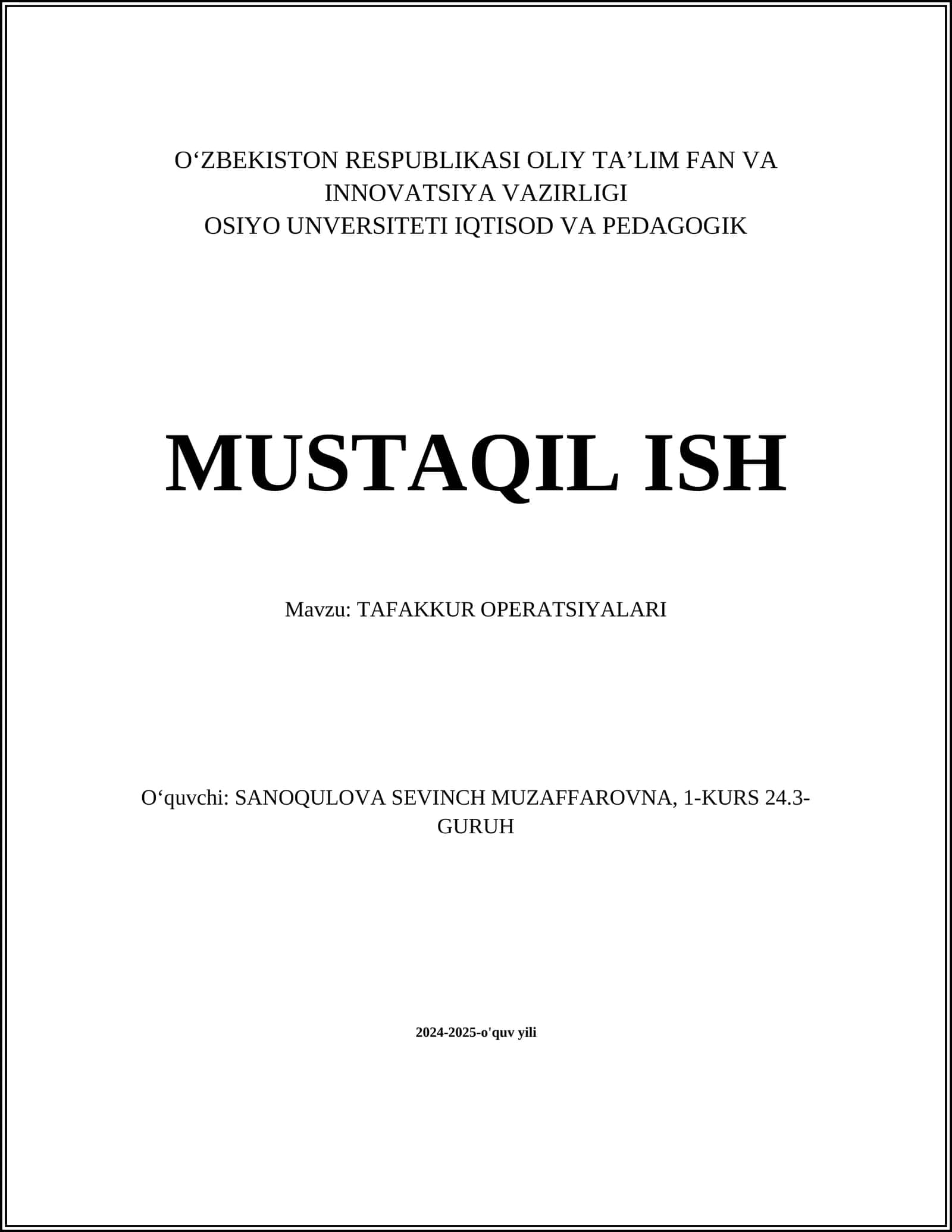 TAFAKKUR OPERATSIYALARI 1