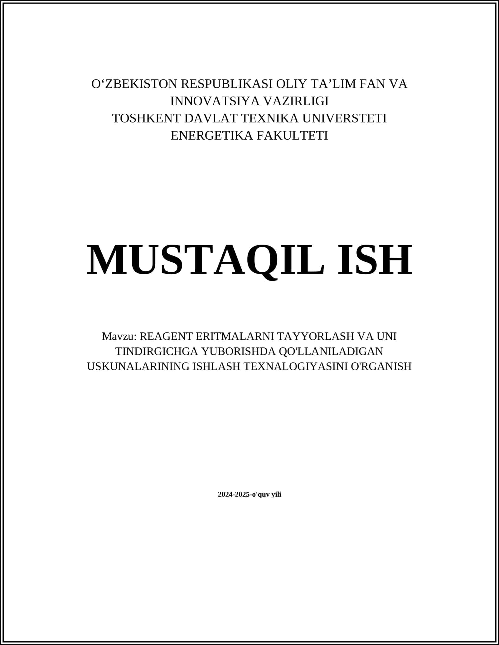 REAGENT ERITMALARNI TAYYORLASH VA UNI TINDIRGICHGA YUBORISHDA QO'LLANILADIGAN USKUNALARINING ISHLASH TEXNALOGIYASINI O'RGANISH 1