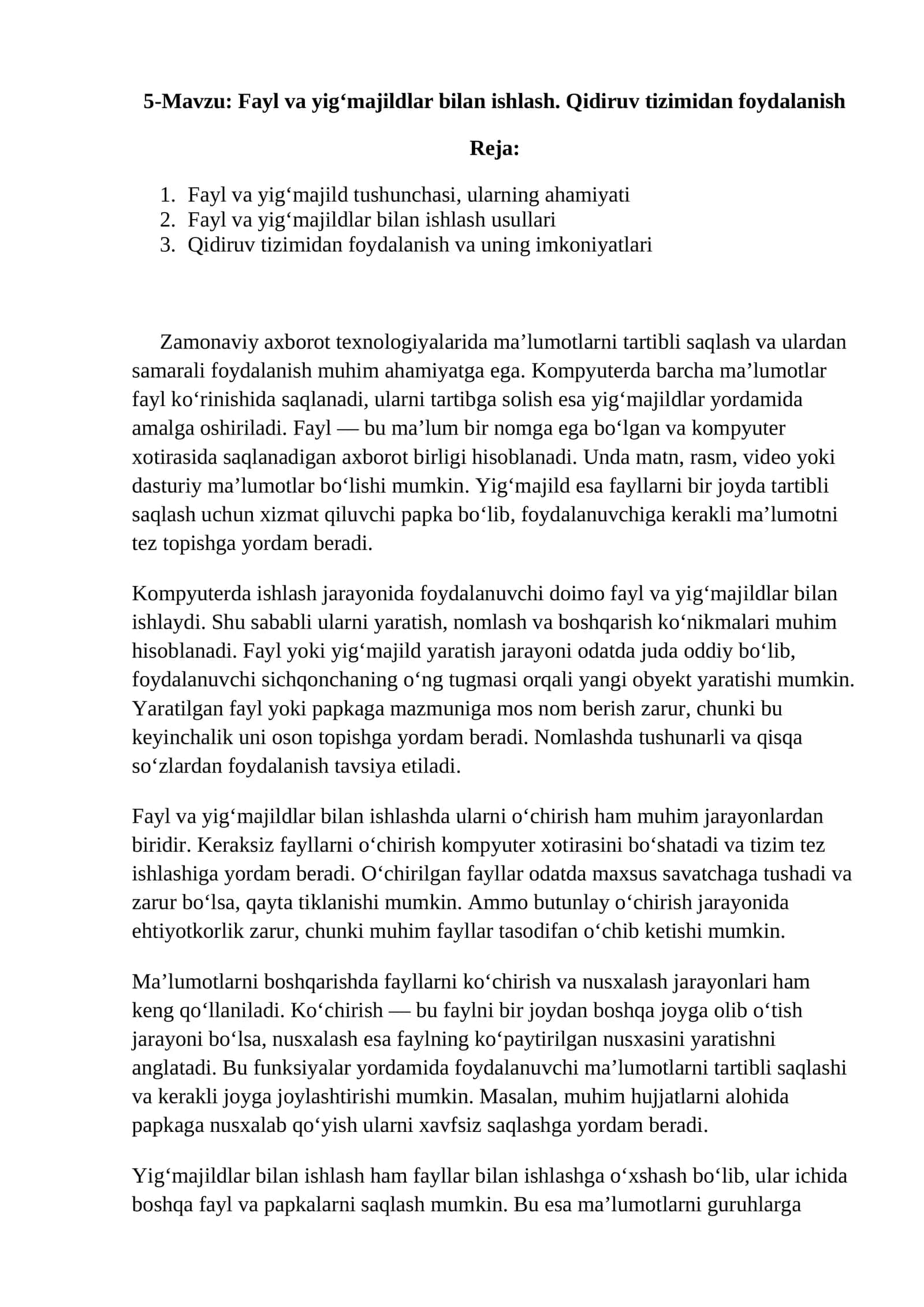 Fayl va yig‘majildlar bilan ishlash. Qidiruv tizimidan foydalanish 1