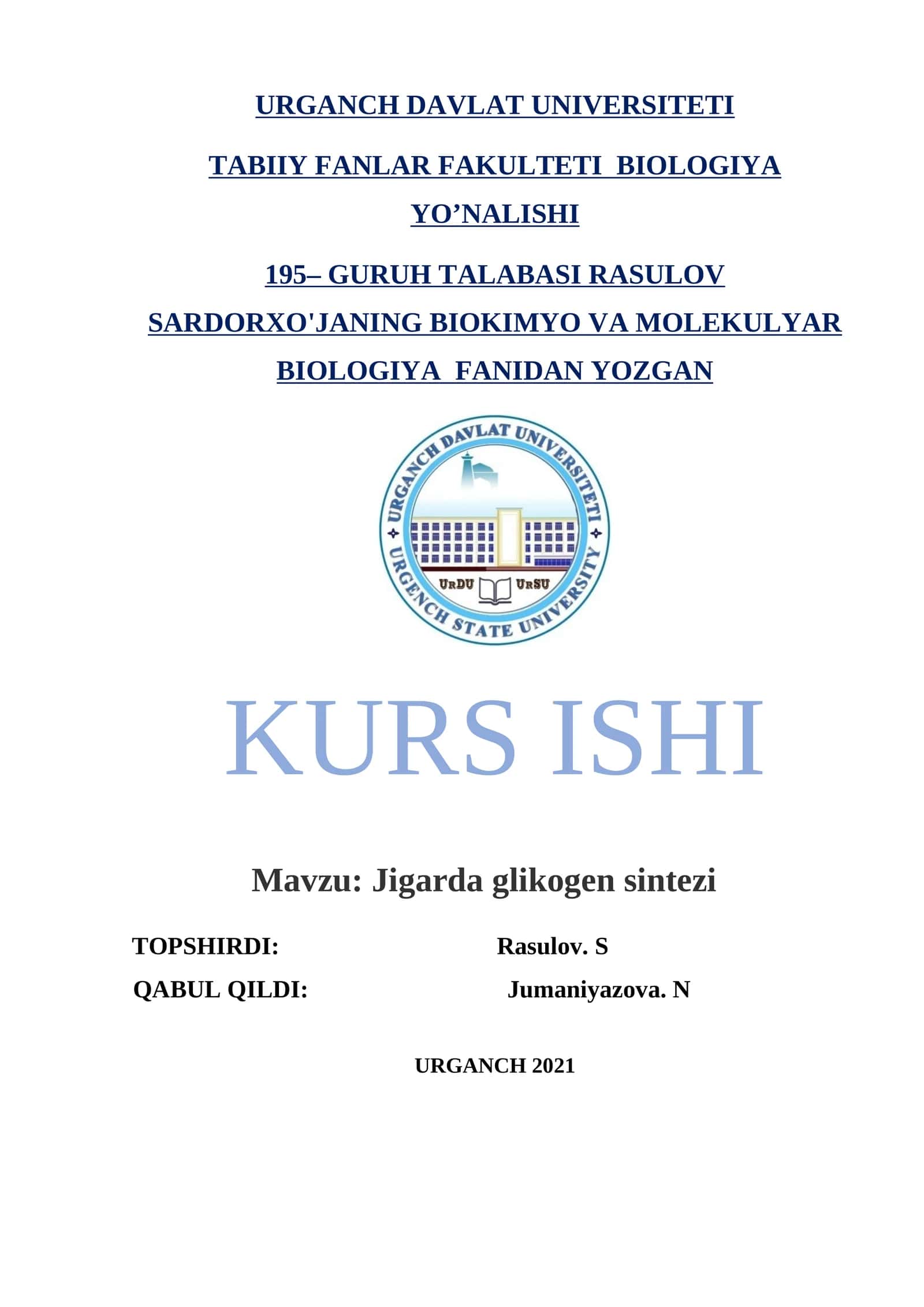 Jigarda glikogen sintezi KURS ISHI 1