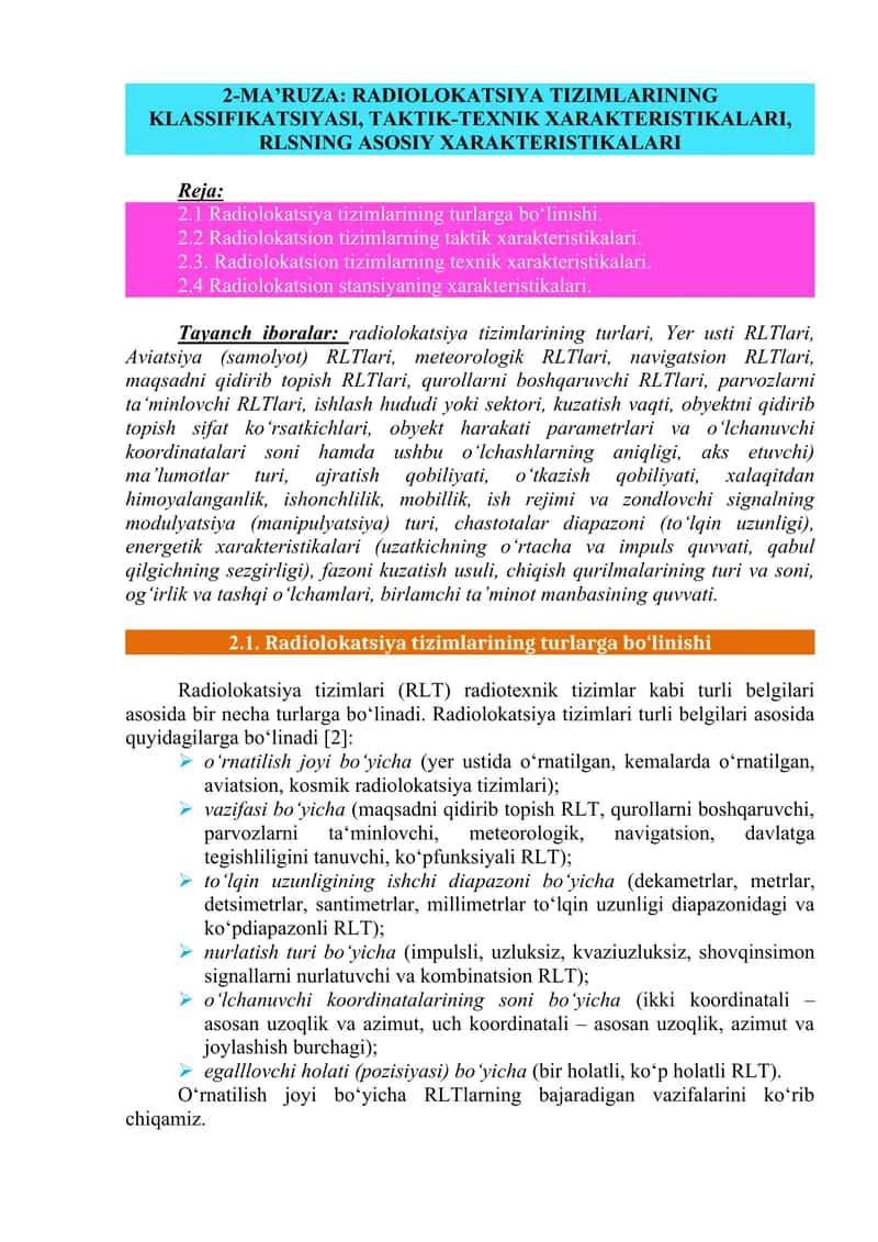 Radiolokatsiya tizimlarining xarakteristikalari 1