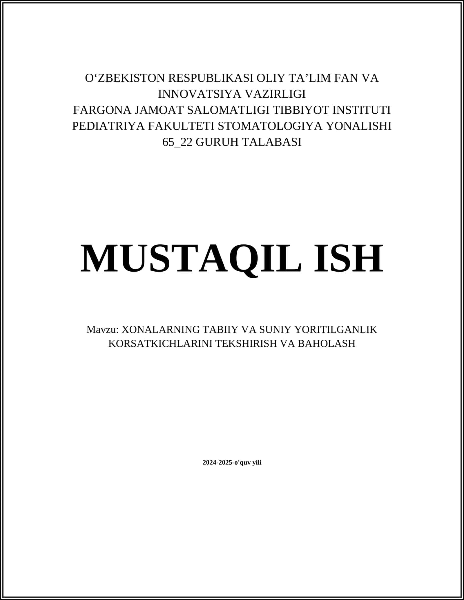 XONALARNING TABIIY VA SUNIY YORITILGANLIK KORSATKICHLARINI TEKSHIRISH VA BAHOLASH 1