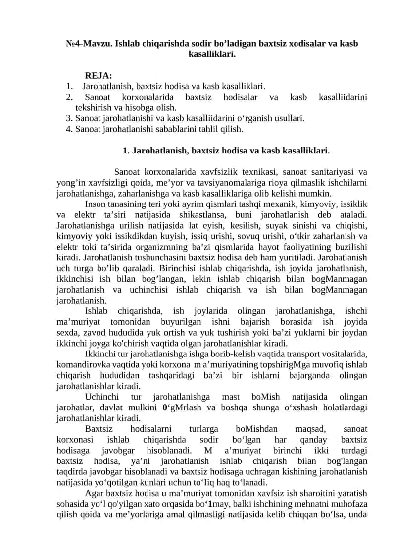 Ishlab chiqarishda sodir bo’ladigan baxtsiz xodisalar va kasb kasalliklari 1