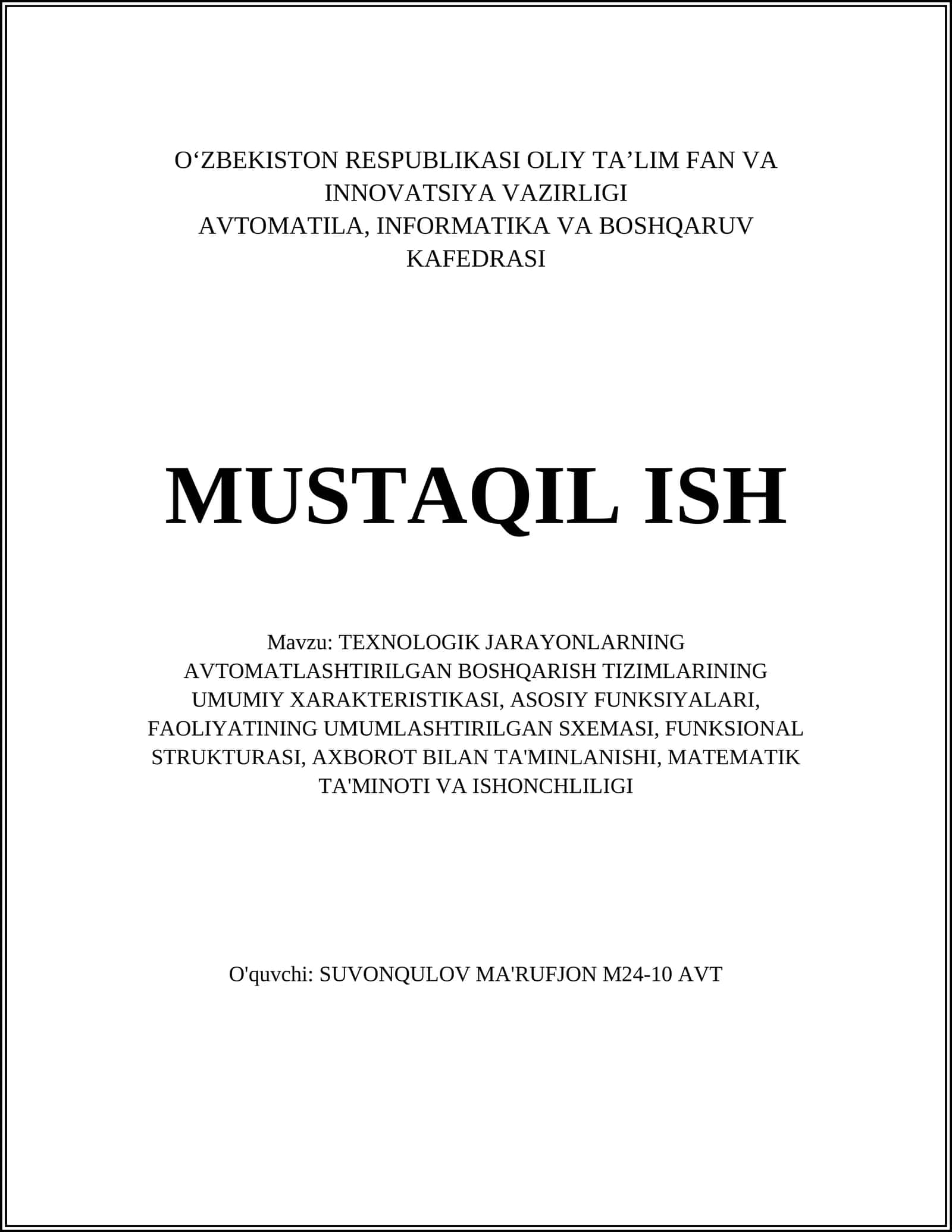 Texnologik jarayonlarning avtomatlashtirilgan boshqaruv tizimlarining umumiy xarakteristikasi 1
