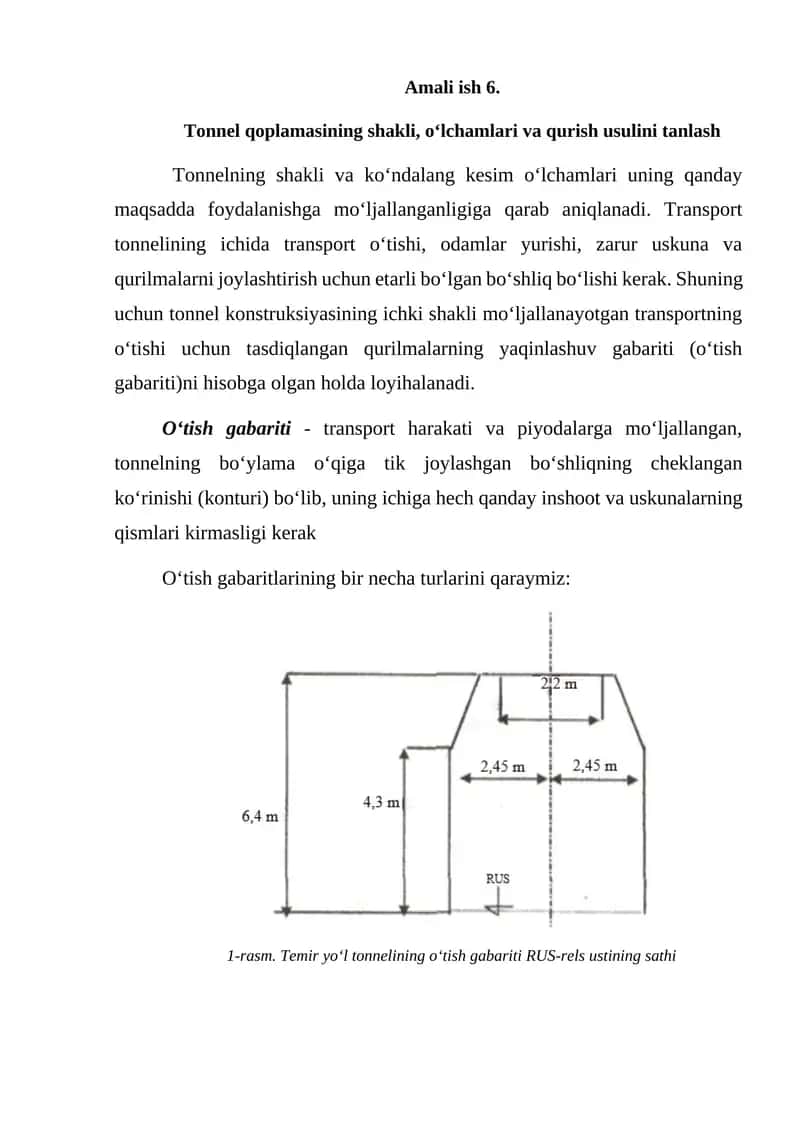 Tonnel qoplamasining shakli, o‘lchamlari va qurish usulini tanlash 1