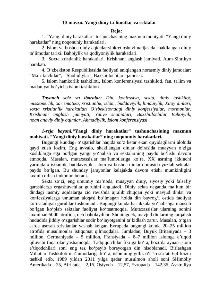 Yangi diniy ta`limotlar va sektalar 1