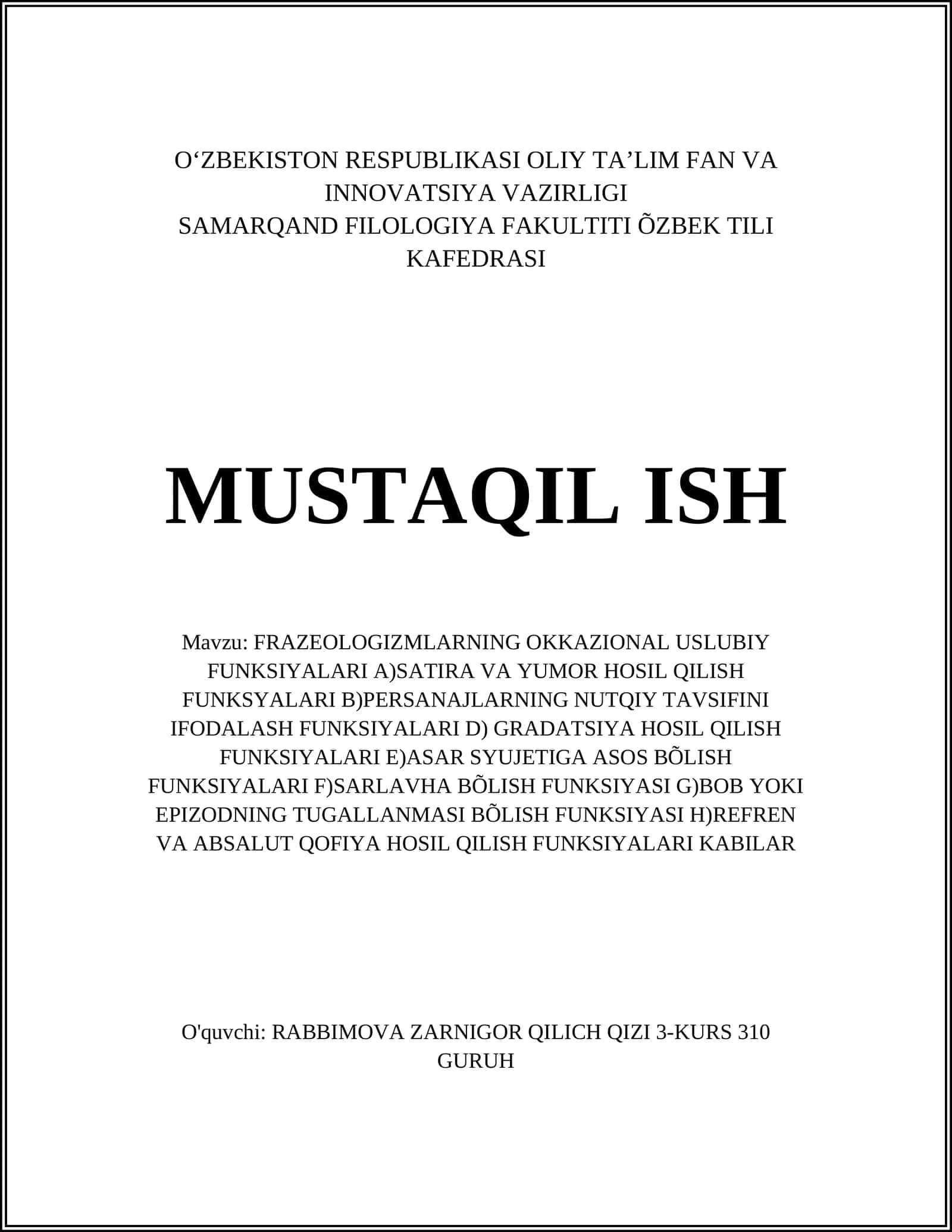 FRAZEOLOGIZMLARNING OKKAZIONAL USLUBIY FUNKSIYALARI 1
