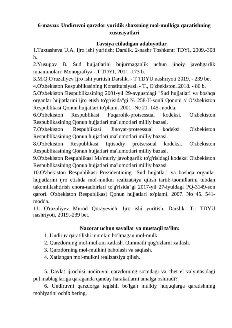 Undiruvni qarzdor yuridik shaxsning mol-mulkiga qaratishning xususiyatlari 1