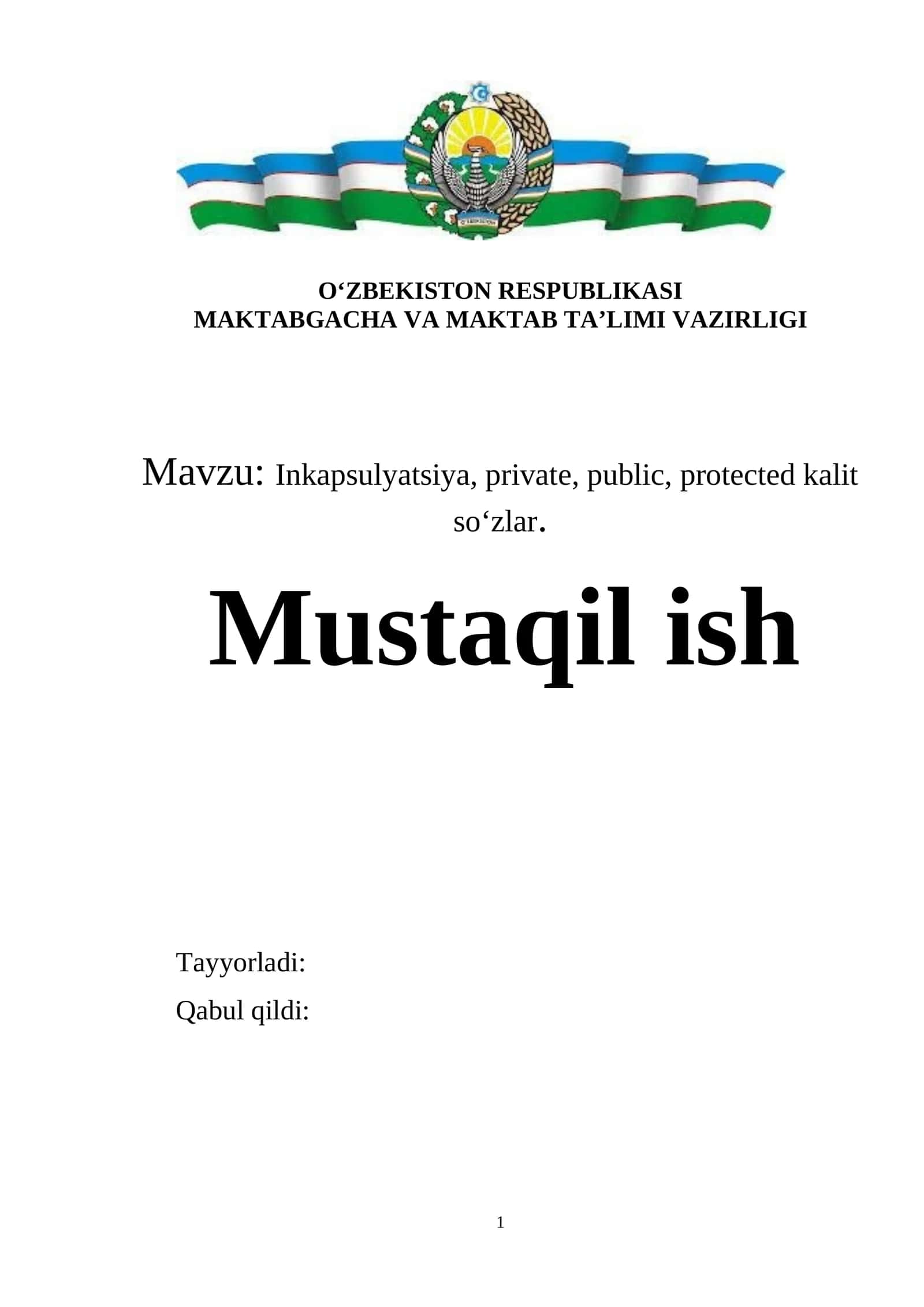Inkapsulyatsiya, private, public, protected kalit so‘zlar 1
