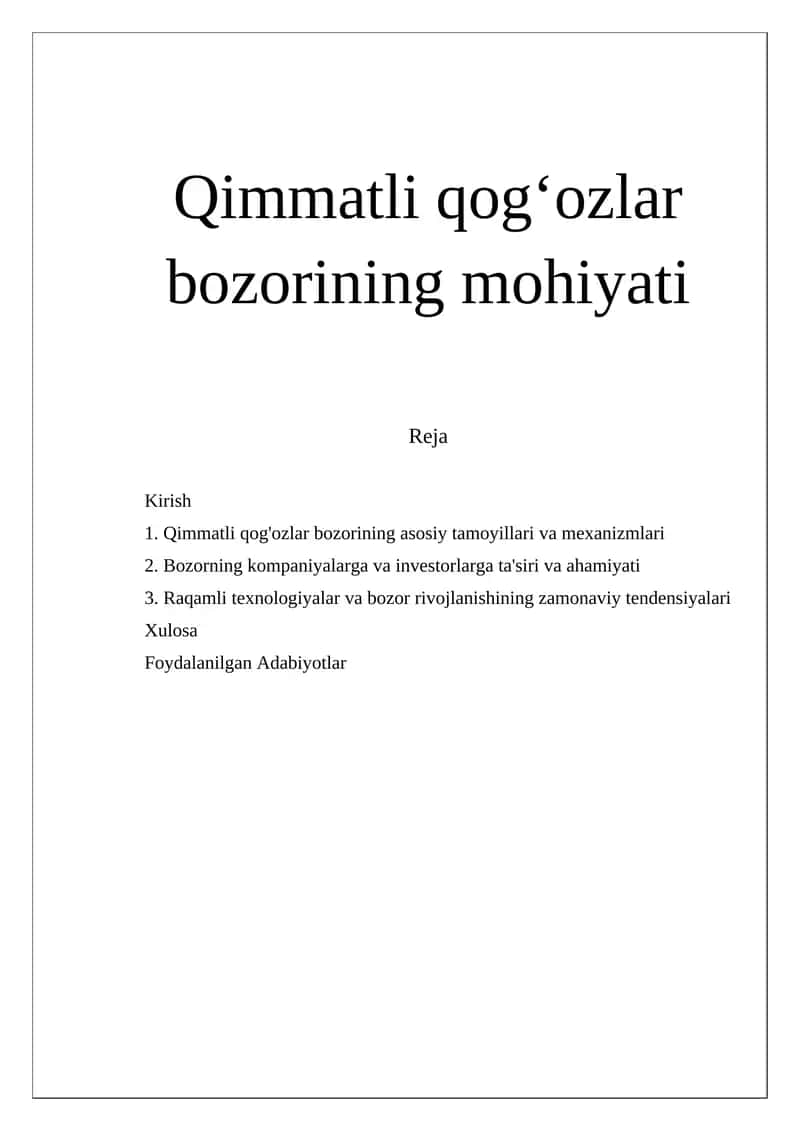 Qimmatli qog'ozlar bozorining mohiyati 1