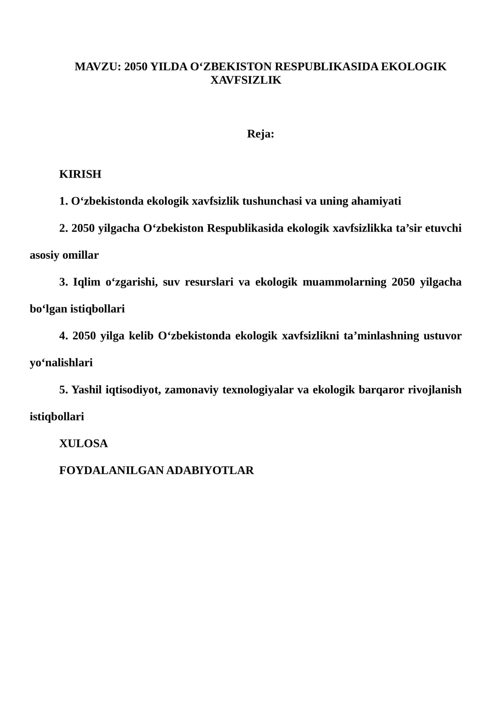 2050 YILDA O‘ZBEKISTON RESPUBLIKASIDA EKOLOGIK XAVFSIZLIK 1