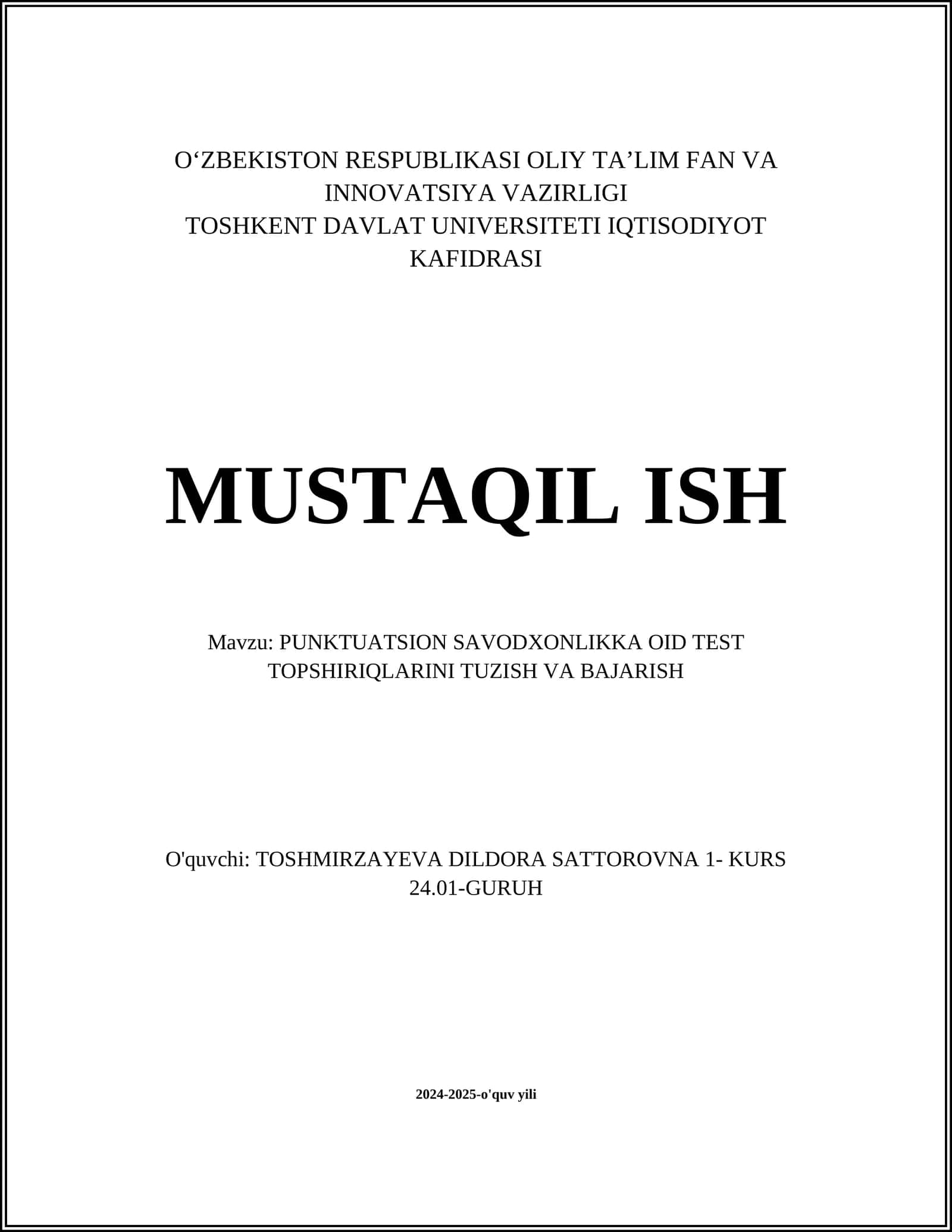PUNKTUATSION SAVODXONLIKKA OID TEST TOPSHIRIQLARINI TUZISH VA BAJARISH 1